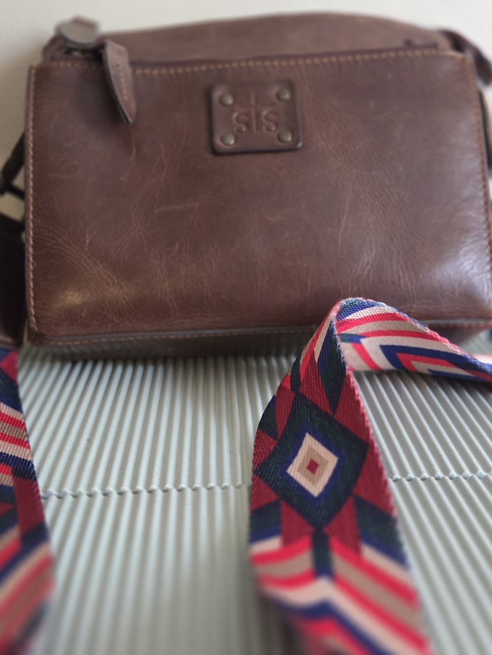 Brown Leather Boot Barn sTs Bag with  Interchangeable Patterned Strap Or Brown